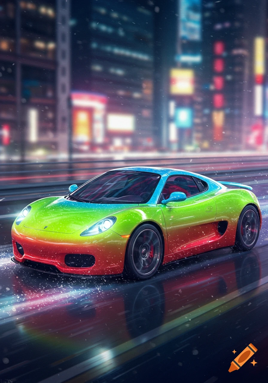 A colorful supercar with a red, green, and blue gradient paint job drives on a wet city street at night, with blurred city lights in the background.