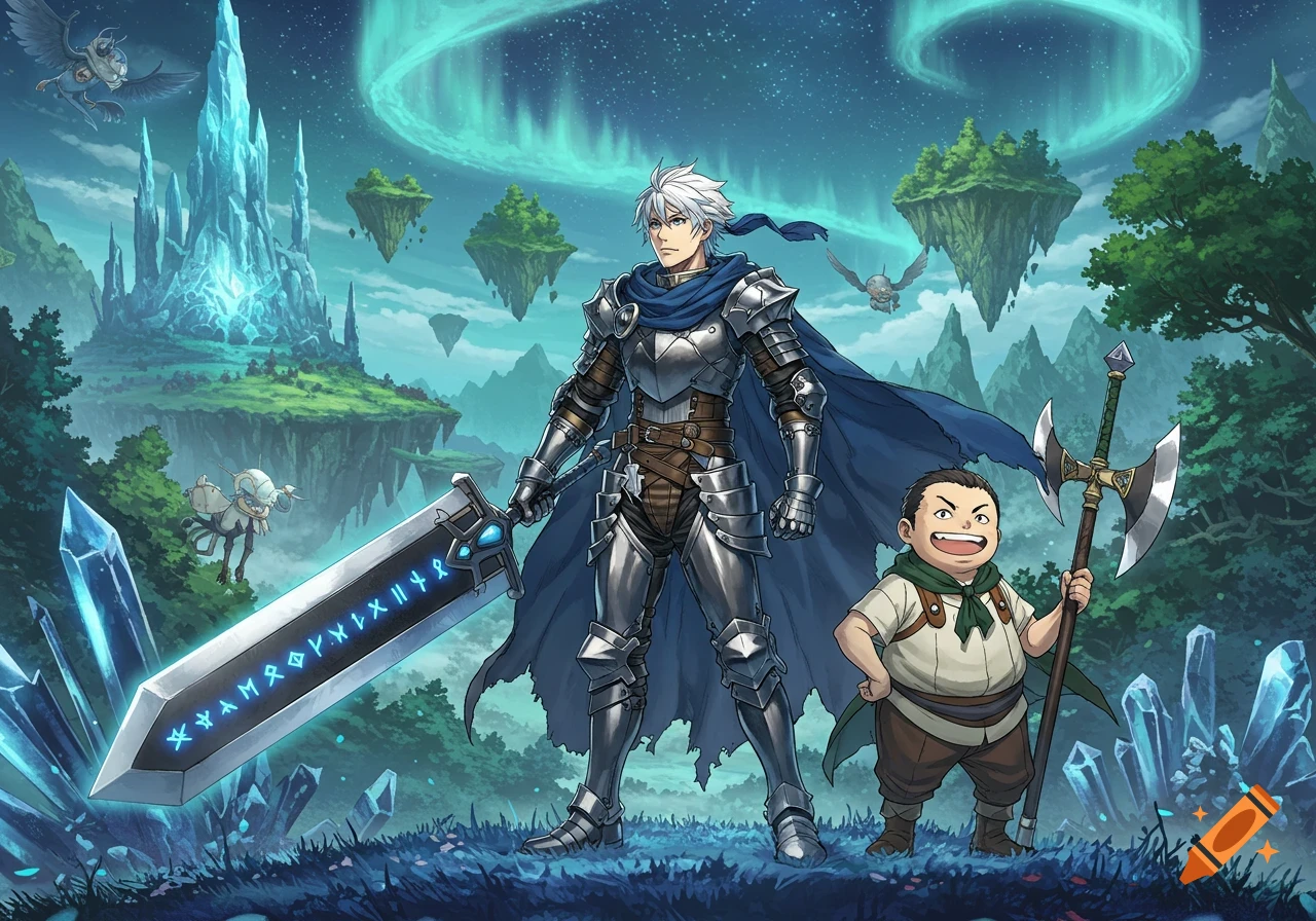 A large armored warrior with a glowing sword and a smaller character with an axe stand in a fantasy landscape with floating islands and a crystal castle.