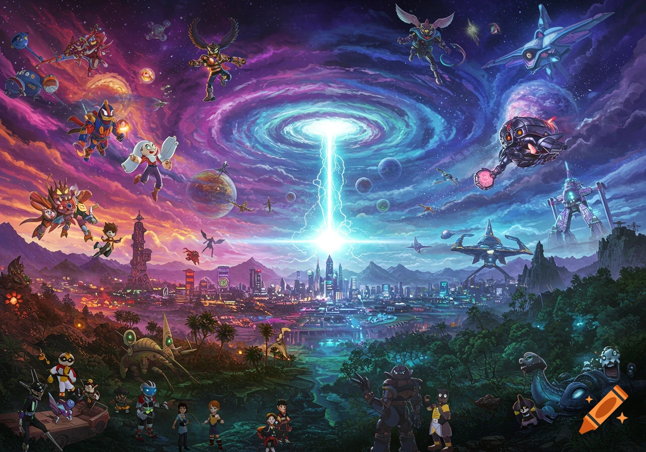 A vibrant anime-style illustration of a multiverse crossover, with characters, mechs, and ships above a futuristic city and cosmic sky.