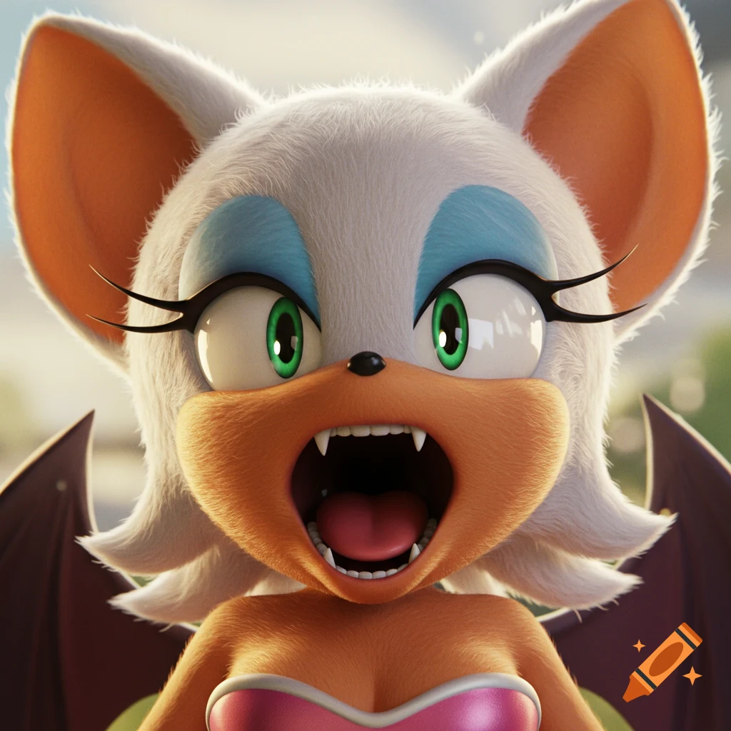 Detailed 3D animated close-up of Rouge the Bat from Sonic with her mouth wide open, showing fangs and uvula.