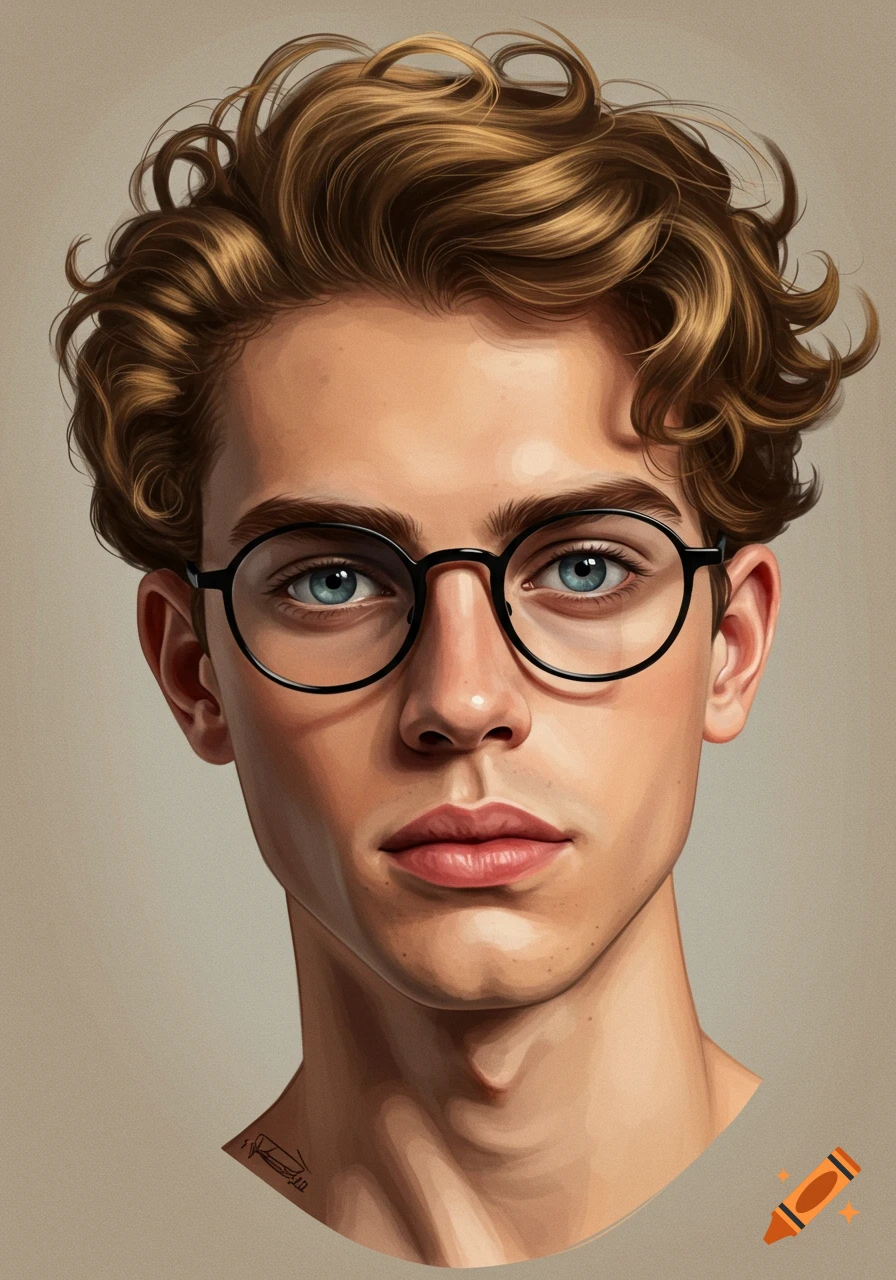 Close-up illustration of a young man with curly brown hair, blue eyes, and round black glasses.