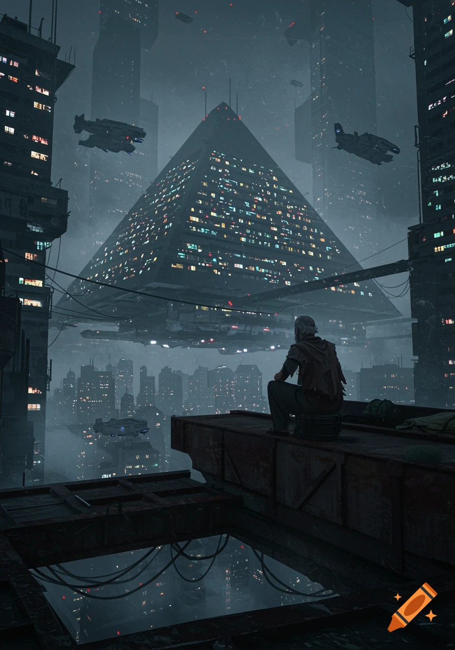A person sits on a rooftop overlooking a vast, dark, futuristic city dominated by a massive, lit pyramid building with flying vehicles.