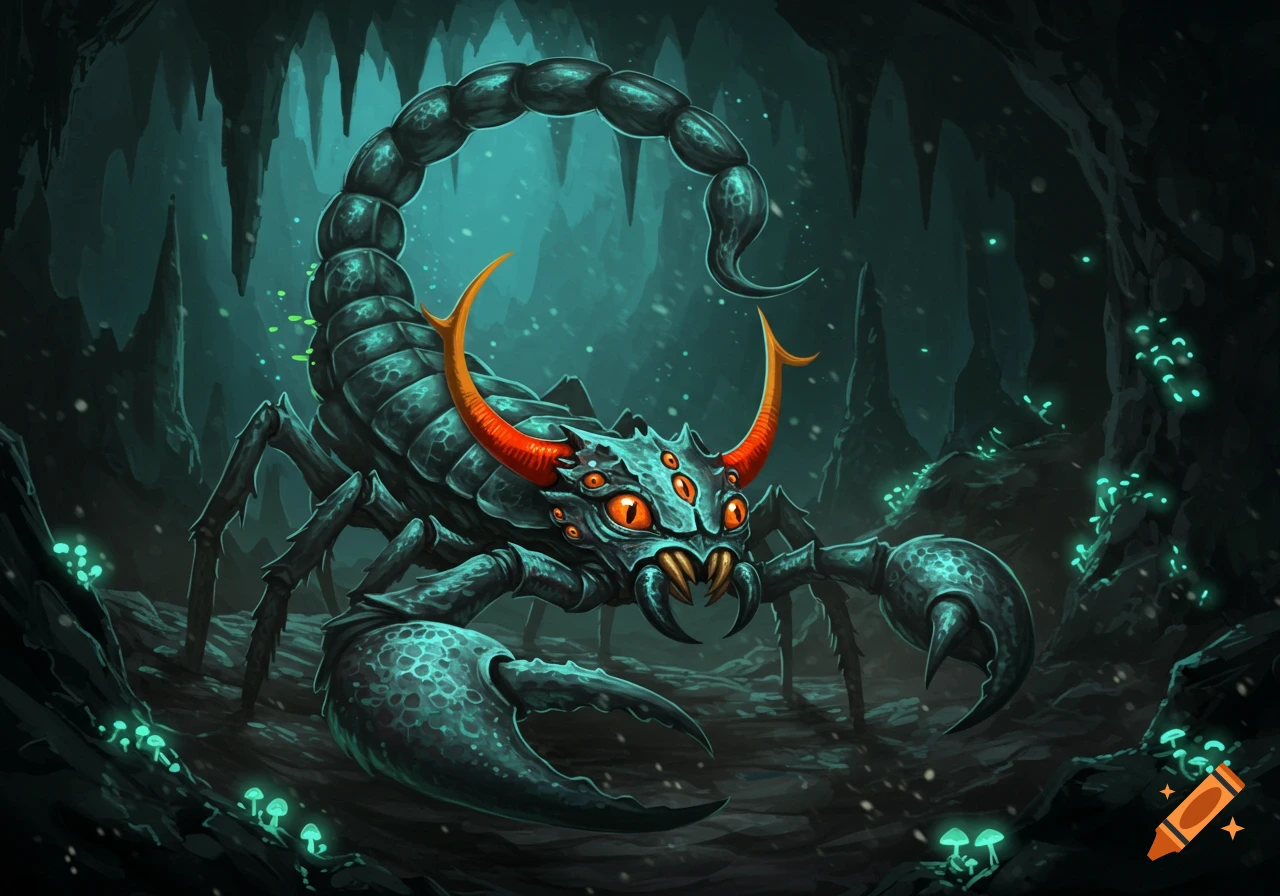 A stylized, horned, multi-eyed scorpion-like creature with large claws in a dark, glowing cave.