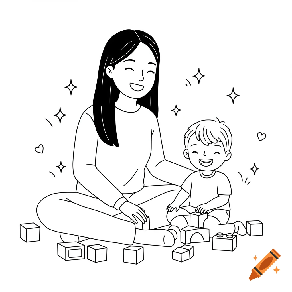 A simple black-and-white cartoon outline drawing of a smiling woman and boy sitting on the floor, playing with building blocks.