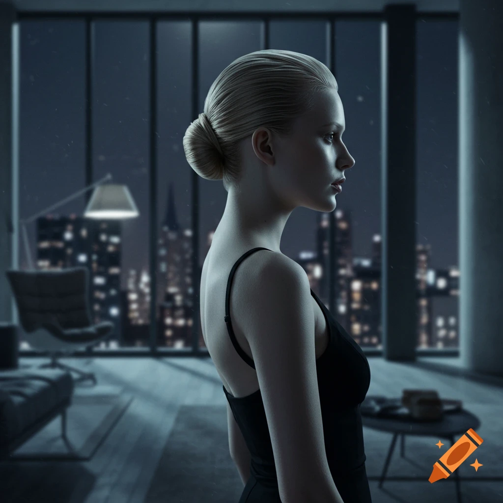 A photorealistic depiction of a blond woman with a slick back bun, in profile, standing in a modern room overlooking a city skyline at night.