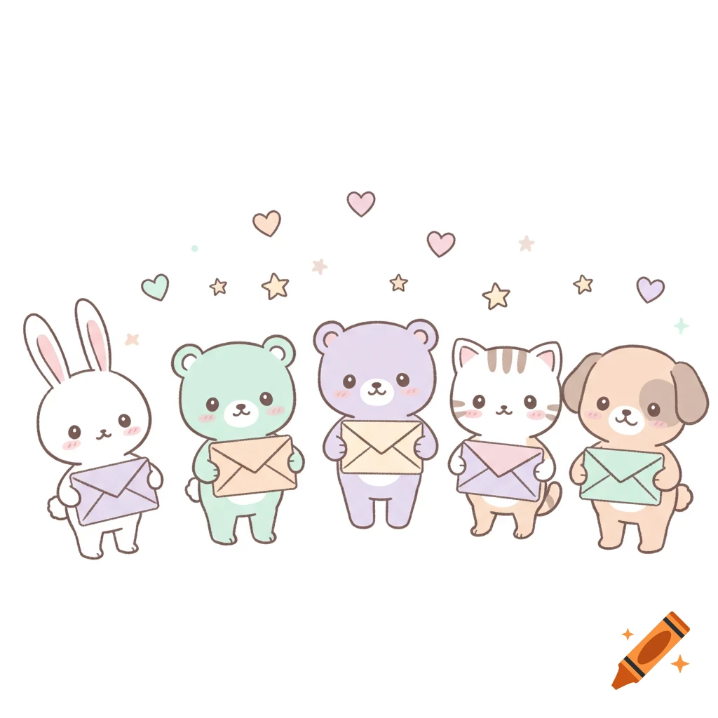 Five cute kawaii pastel cartoon animals (bunny, two bears, cat, dog) holding envelopes, with hearts and stars floating above.