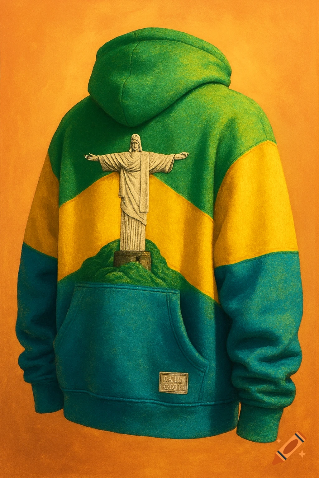 Oversized hoodie in green, yellow, and blue Brazilian flag colors, featuring the Christ the Redeemer statue on the back.