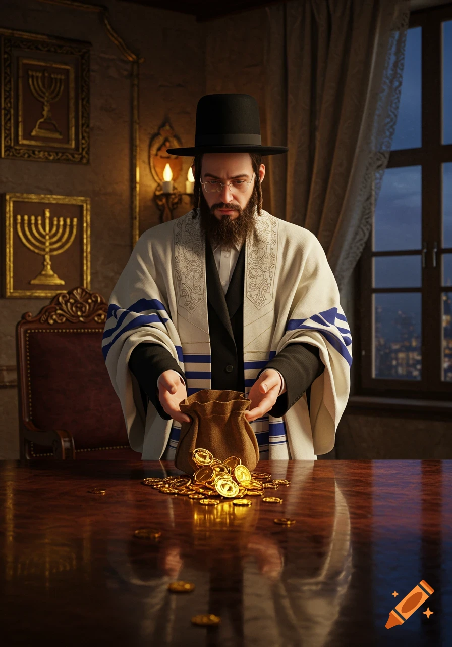 Photorealistic image of a bearded Jewish man in traditional attire, looking down at a bag of gold coins on a polished wooden table.