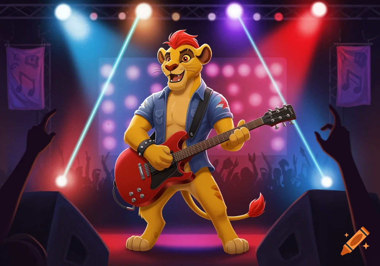 Cartoon lion character playing a red electric guitar on a brightly lit stage in front of a cheering crowd.
