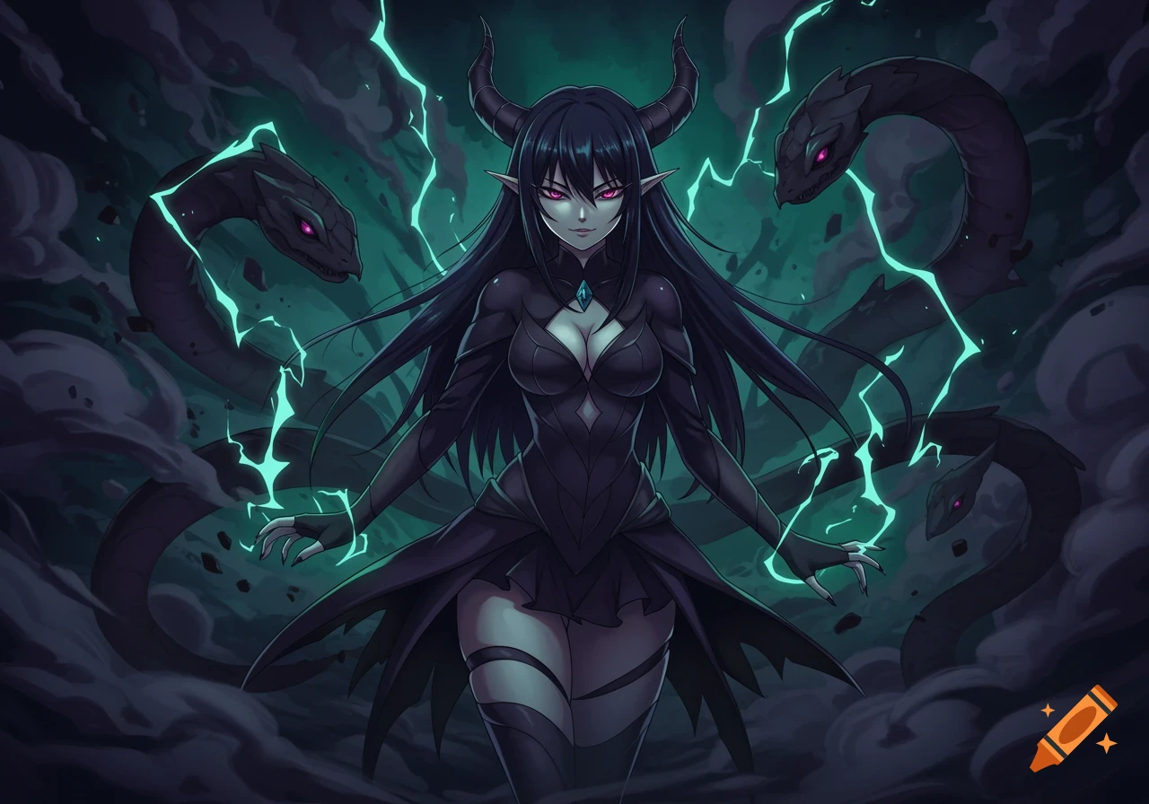 Anime-style dark magical girl with horns and long black hair, surrounded by electric snakes and swirling smoke.