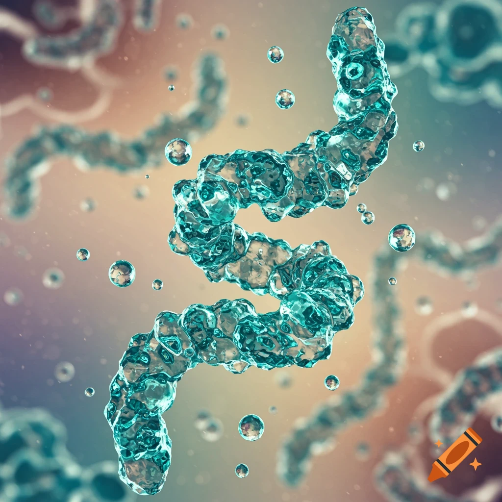 A translucent, teal, helical molecular structure floats amidst small bubbles in a blurry, warm-toned microscopic view.