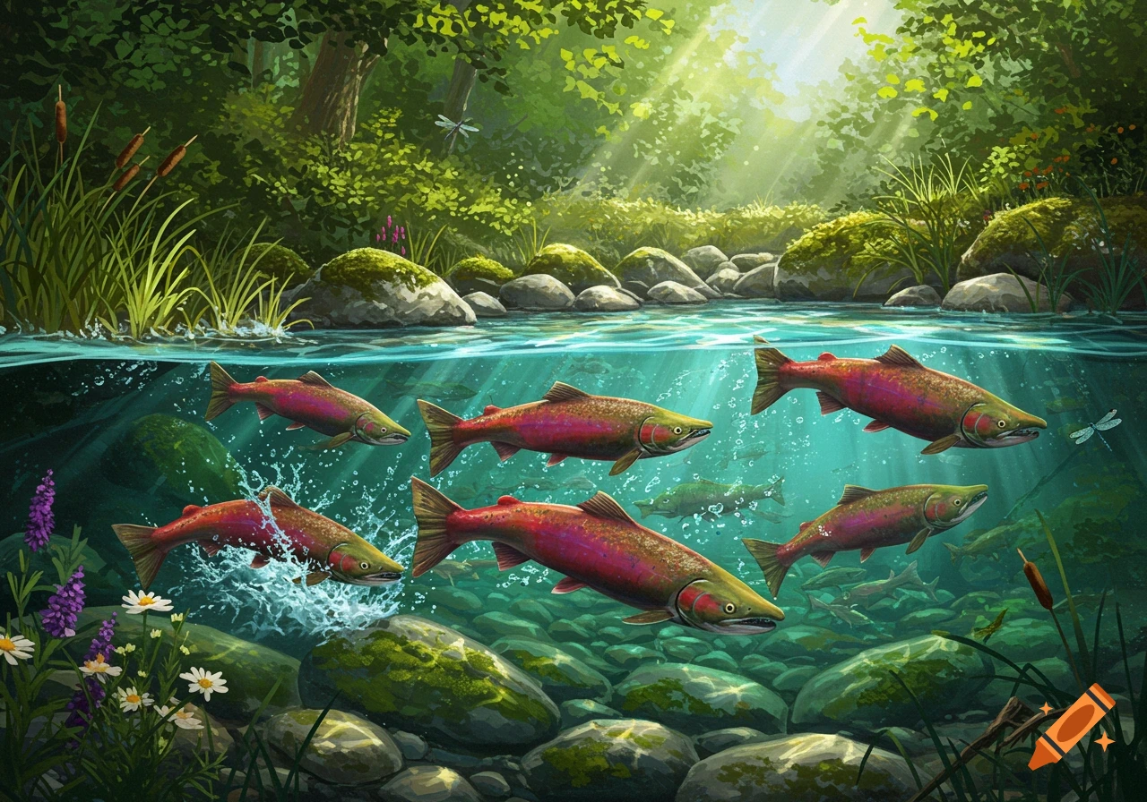 Several red and green salmon swim through a clear river with sunlight filtering through the water, surrounded by lush green foliage and rocks.
