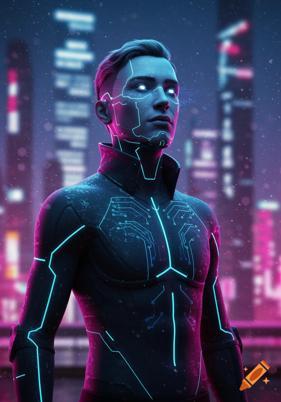A futuristic male character with glowing blue circuit patterns and bright eyes stands against a blurred neon city background at night.