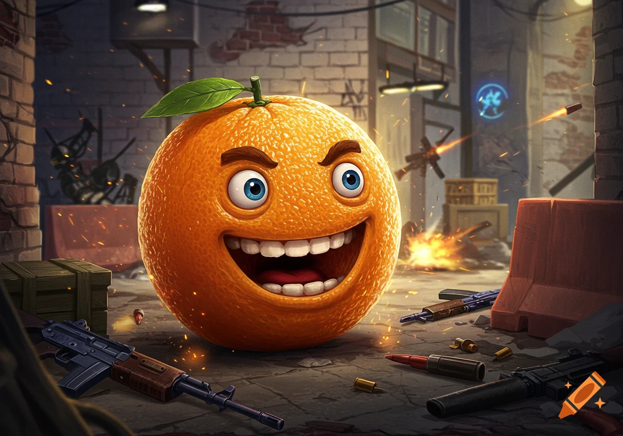 A cartoon orange with a wide grin and angry eyebrows in an action-packed alleyway with guns and explosions, digital art.
