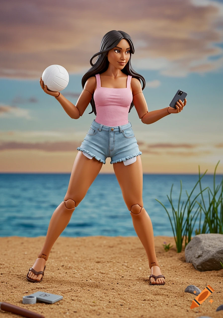 An action figure of a woman in a pink tank top and jean shorts holds a volleyball and a phone on a sandy beach.