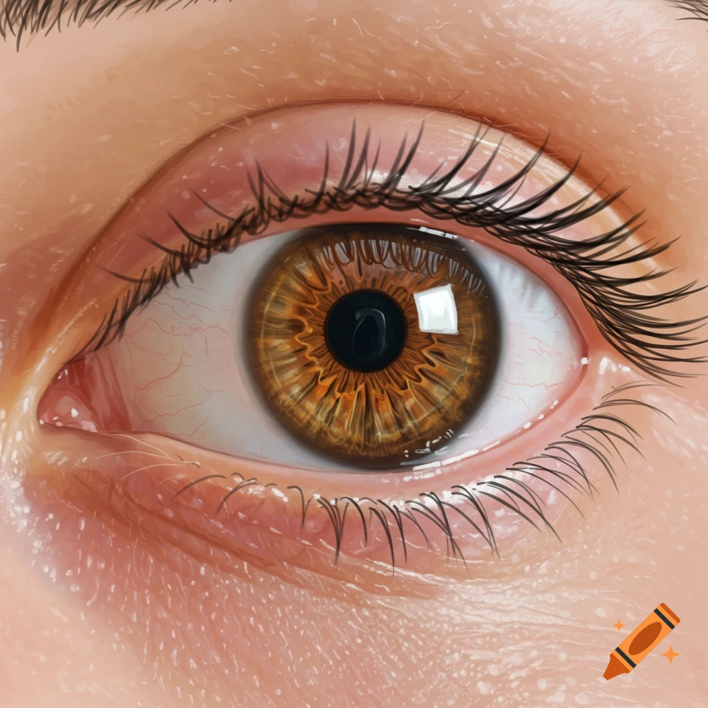 A close-up, highly detailed shot of a brown human eye with long lashes and a reflection in the pupil.