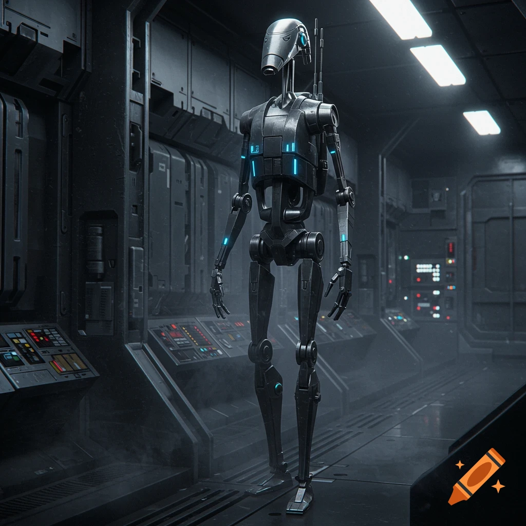 A dark metallic battle droid stands in a futuristic, dimly lit spaceship interior with glowing blue accents.