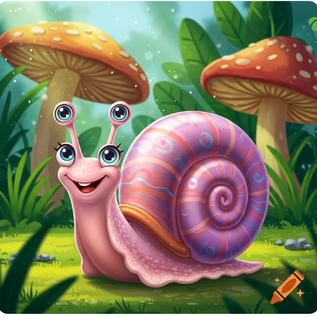 A cute, pink cartoon snail with a patterned purple shell smiles in a vibrant fantasy forest with large mushrooms.