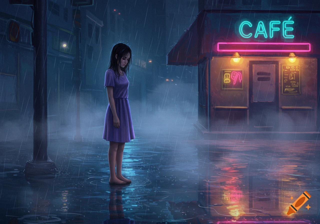 A young girl stands barefoot in the pouring rain on a dark city street next to a neon-lit cafe, looking sad.