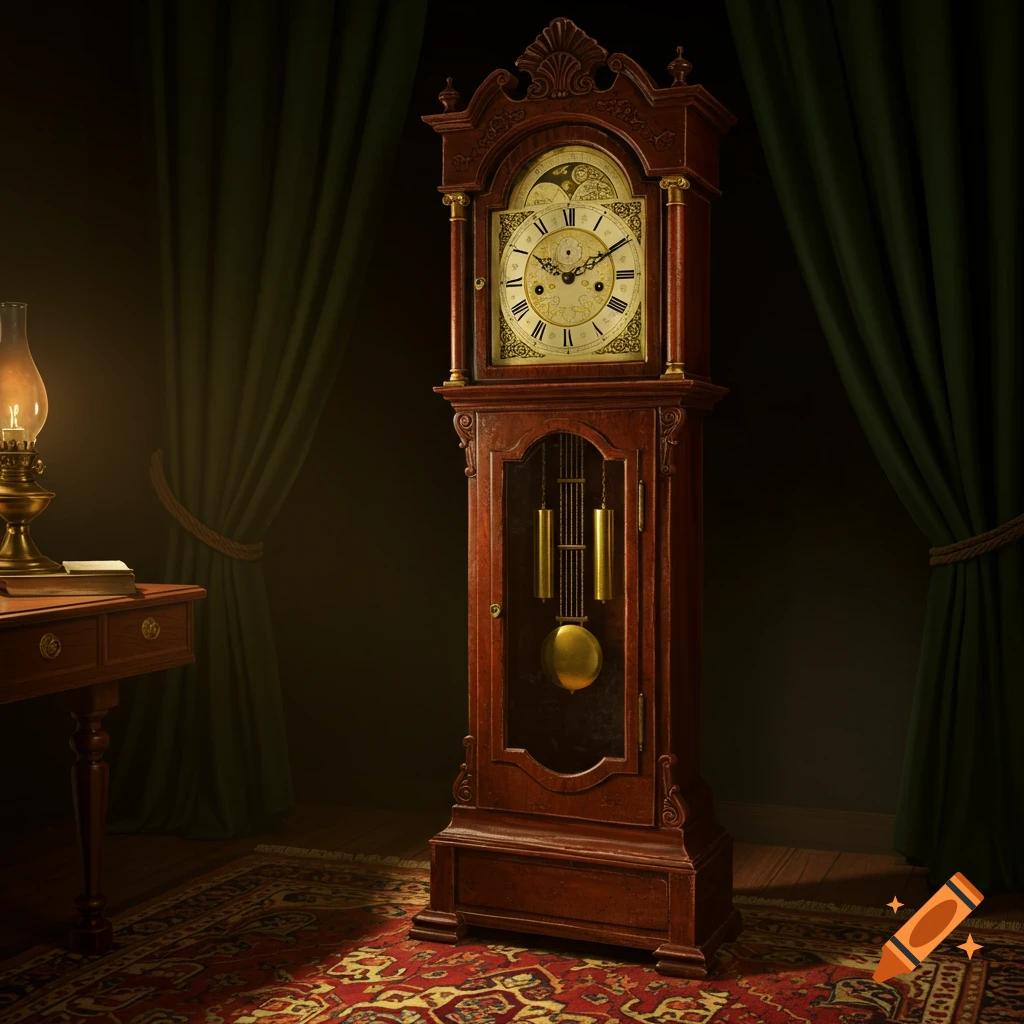 Photorealistic image of an antique wooden grandfather clock standing in a dimly lit room with an oil lamp, green curtains, and a patterned rug.