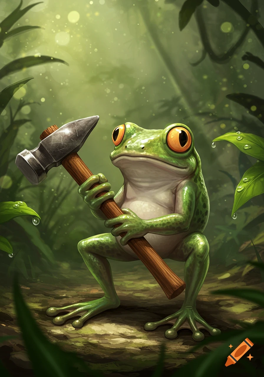 A vibrant illustration of a green frog with large orange eyes holding a hammer in a lush, misty jungle.