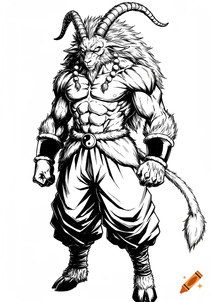 A muscular anthropomorphic goat warrior with large horns and a thick mane, in a high-contrast black and white anime style.