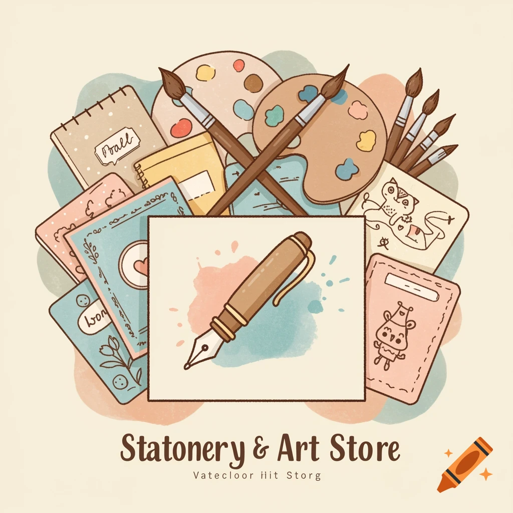 Cartoon illustration of stationery and art supplies including notebooks, brushes, paint palettes, and a fountain pen, with a 'Stationery & Art Store' sign.
