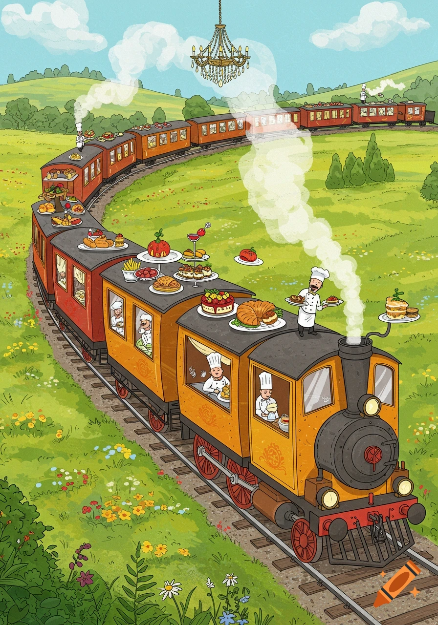 A whimsical cartoon illustration of a long meal train carrying food and chefs through a green, hilly landscape with a floating chandelier.