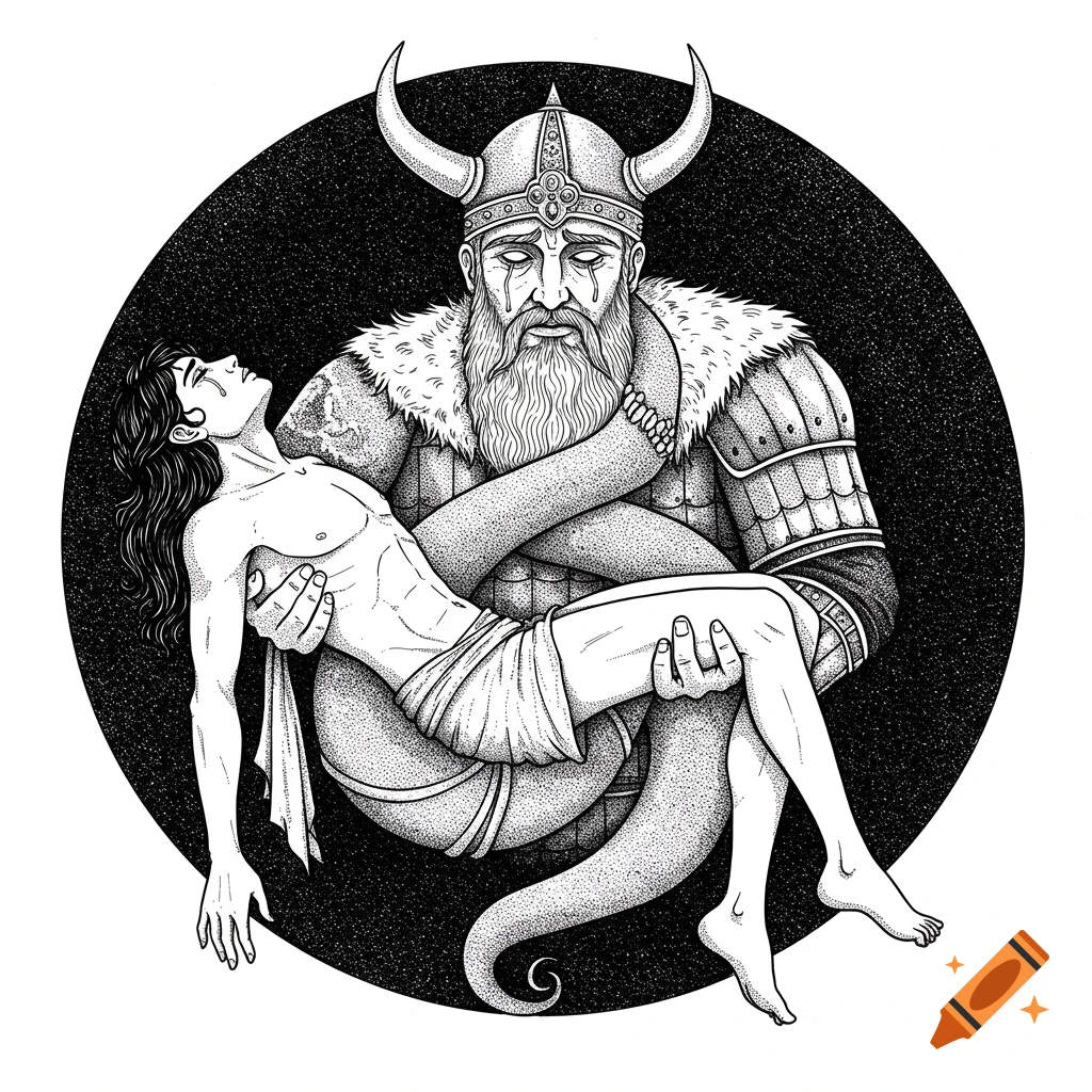 A black and white ink drawing depicting a horned, bearded warrior cradling a younger, lifeless figure in a circular composition, symbolizing a tragic father-son relationship.