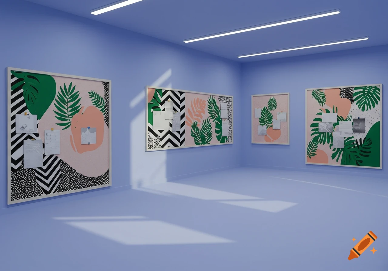 A lavender-blue room with several bulletin boards decorated with green leaves, peach shapes, and black and white patterns.