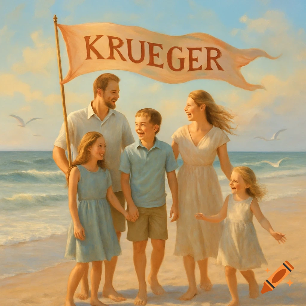 A painting of the Krueger family, a man, woman, and two children, smiling on a beach with a 'KRUEGER' banner overhead.