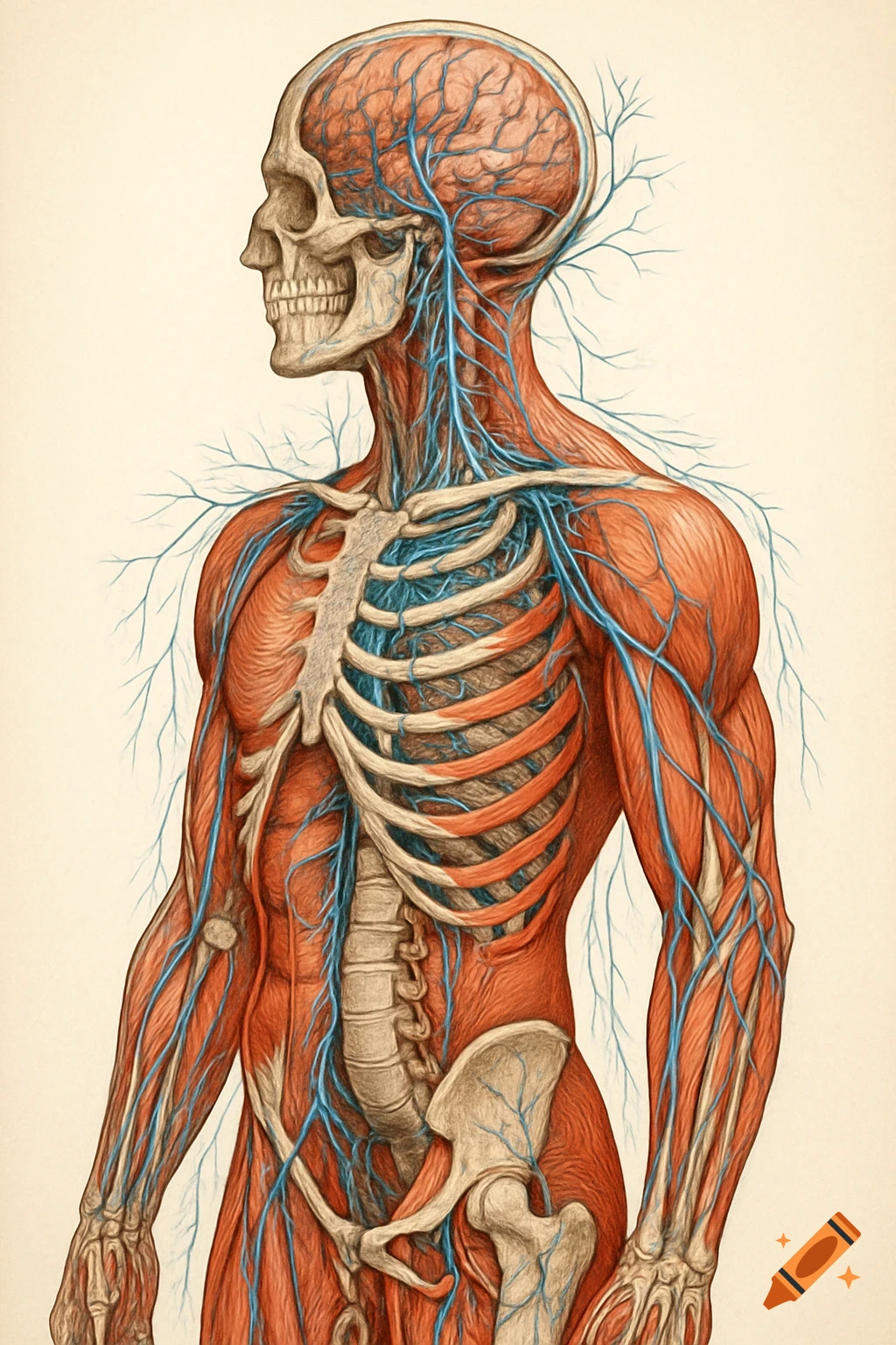 A detailed drawing of the human body showing the skeletal, muscular, and nervous systems.