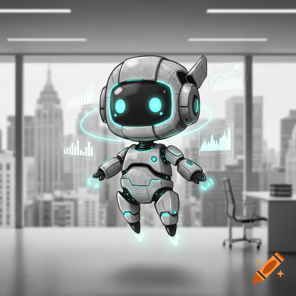 A cute floating robot with glowing blue eyes and accents in an office with a city skyline background, surrounded by holographic data charts.