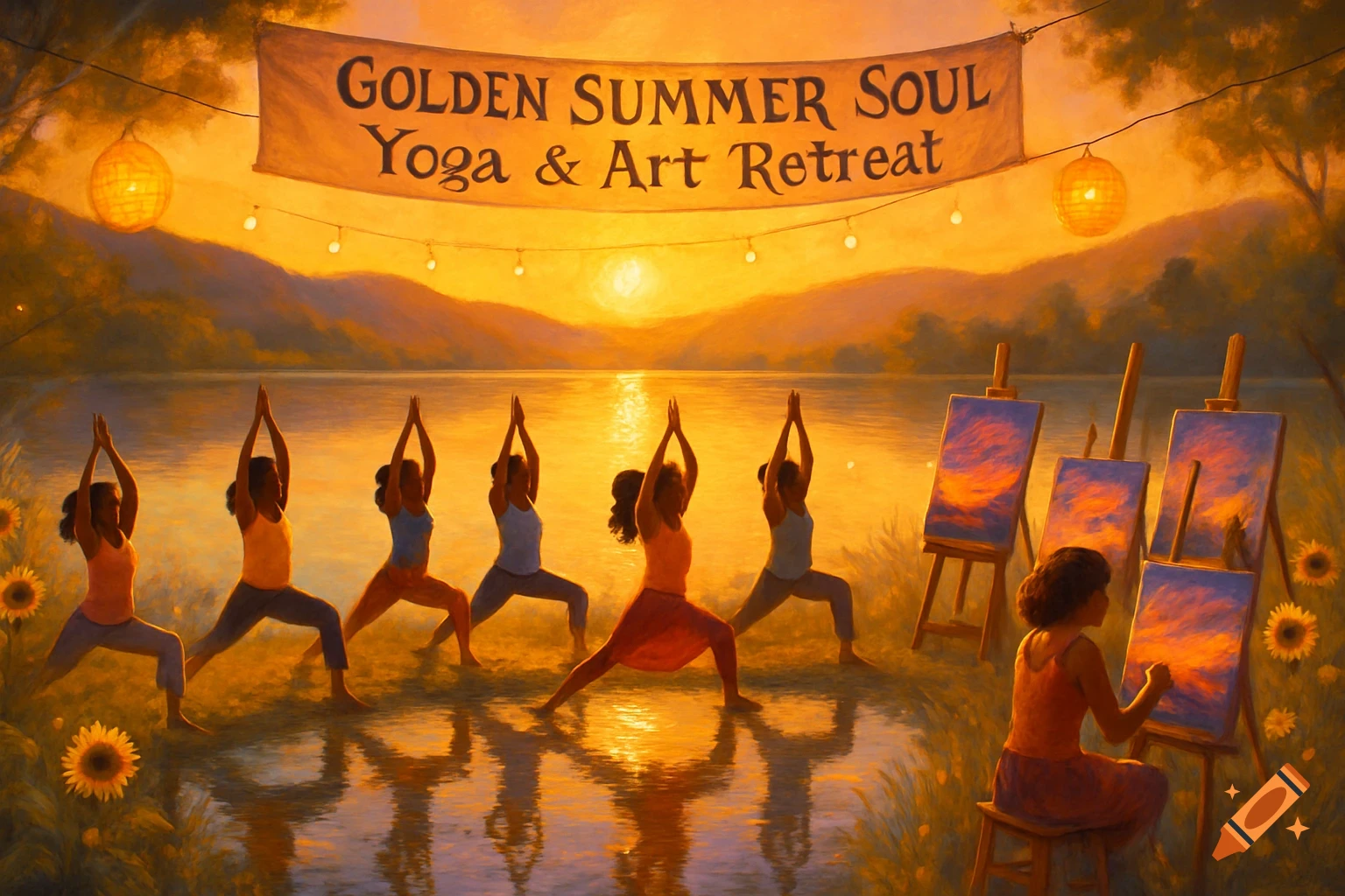 Five people performing yoga by a lake at sunset, with a person painting on an easel nearby, under a banner reading "Golden Summer Soul Yoga & Art Retreat." The scene features vibrant orange and yellow hues, with sunflowers in the foreground.
