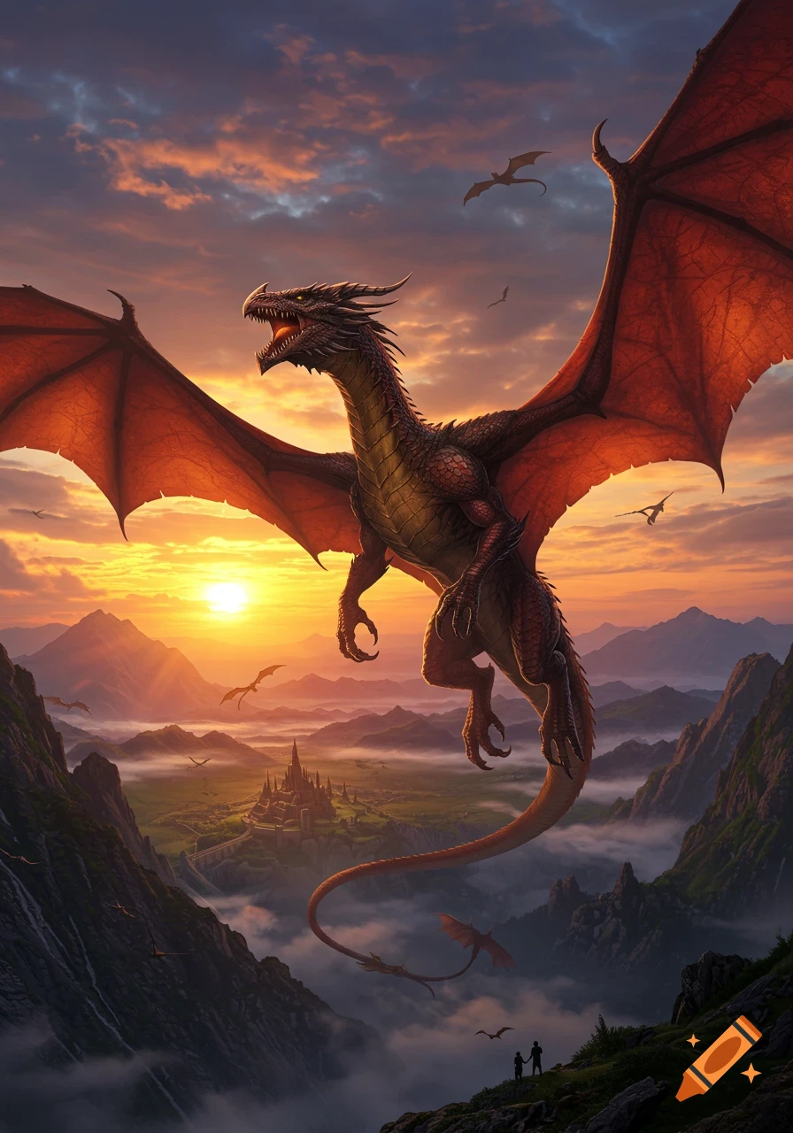 A majestic red dragon soars over a fantasy landscape with mountains, a misty valley, a castle, and two small figures at sunset.