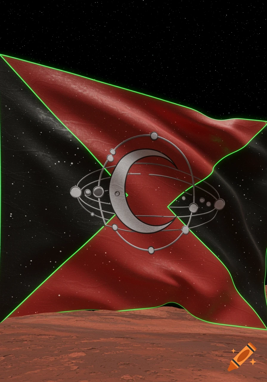 A red and black flag with a stylized crescent and orbital rings, outlined in neon green, stands on a rocky red Martian landscape under a starry black sky.