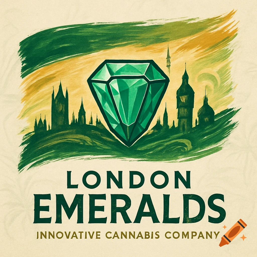A logo illustration featuring a large green emerald in front of a dark green silhouette of the London skyline, with green and yellow brush strokes behind it. Text reads 'LONDON EMERALDS INNOVATIVE CANNABIS COMPANY'.