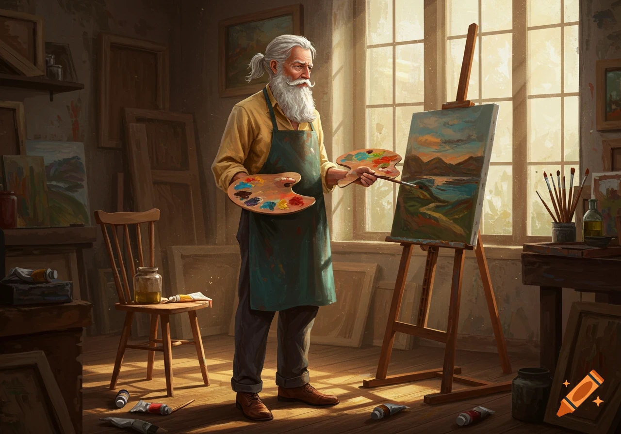 An old artist with a white beard and ponytail painting a landscape on an easel in a sunlit studio.