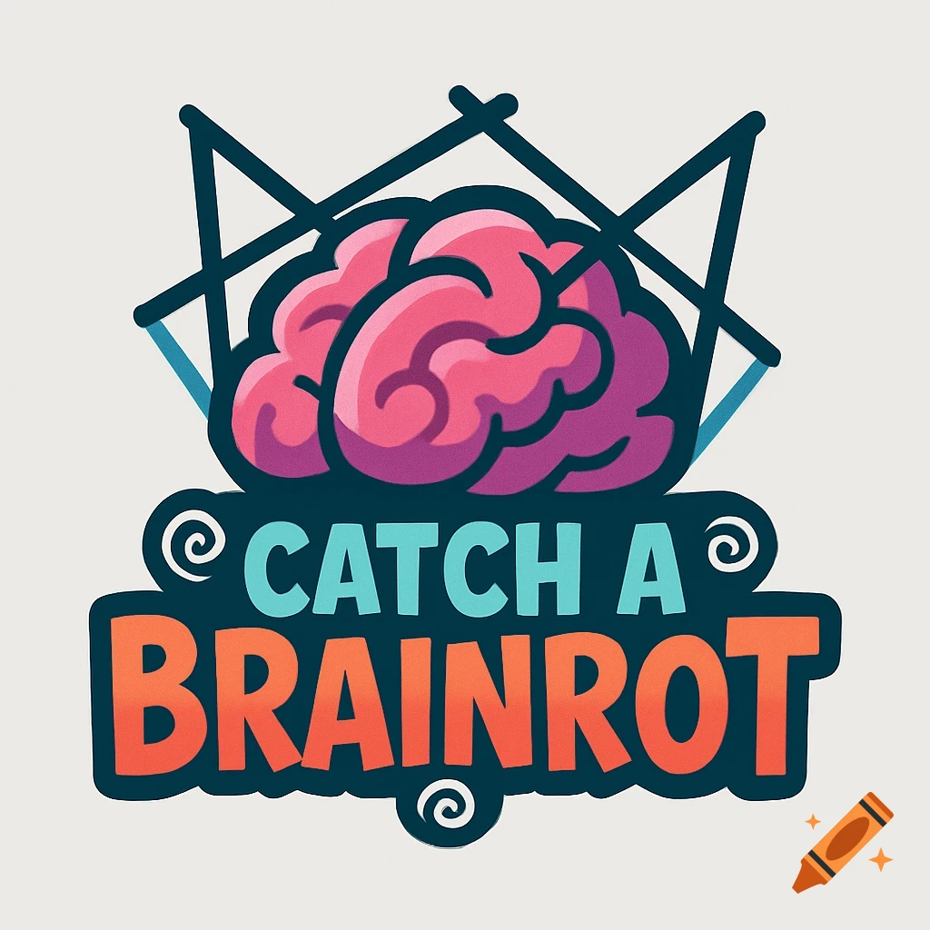 A colorful cartoon logo featuring a pink brain with a crown-like structure and the words 'CATCH A BRAINROT'.