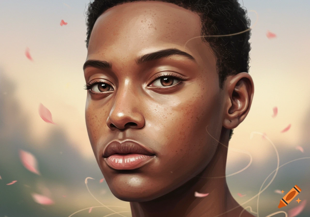 Close-up artistic portrait of a young person with dark skin, short hair, brown eyes, and freckles, with soft background.