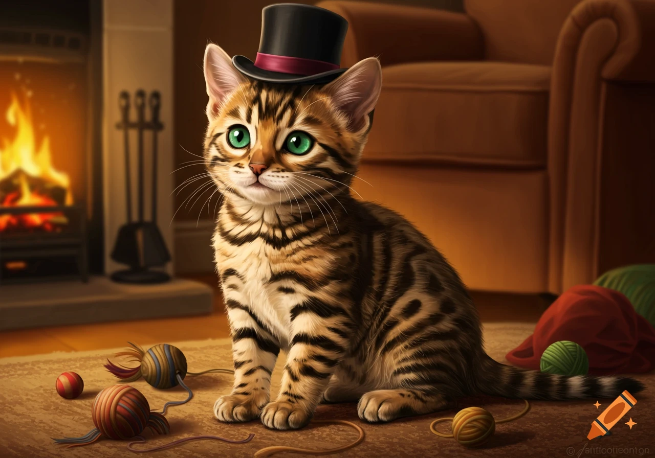 A cute Bengal kitten wearing a black top hat sits on a rug next to a fireplace with a fire, surrounded by balls of yarn.
