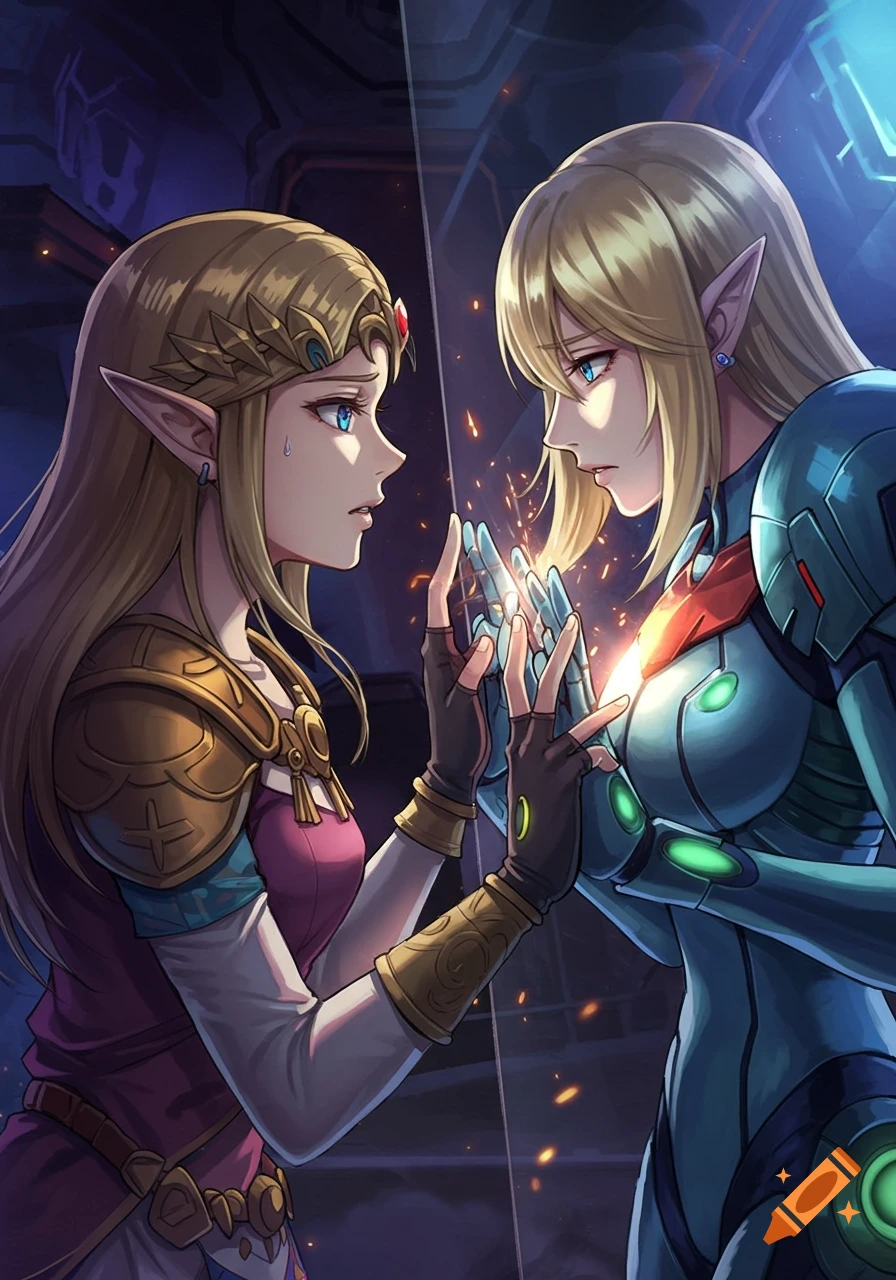 Anime drawing of Princess Zelda and Samus Aran gazing at each other through a glass barrier.