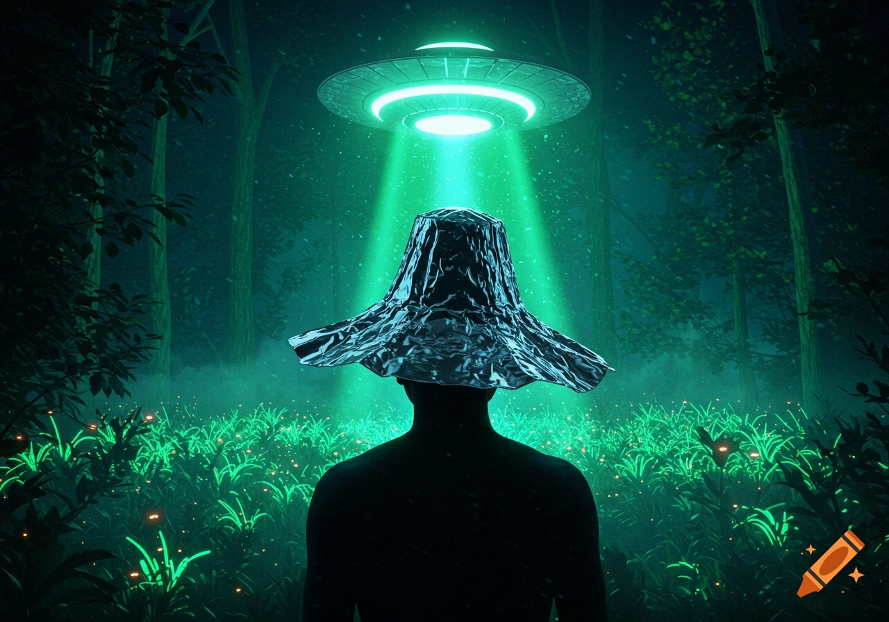 A person wearing a foil hat stands in a glowing green forest, looking up at a UFO shining a beam of light.