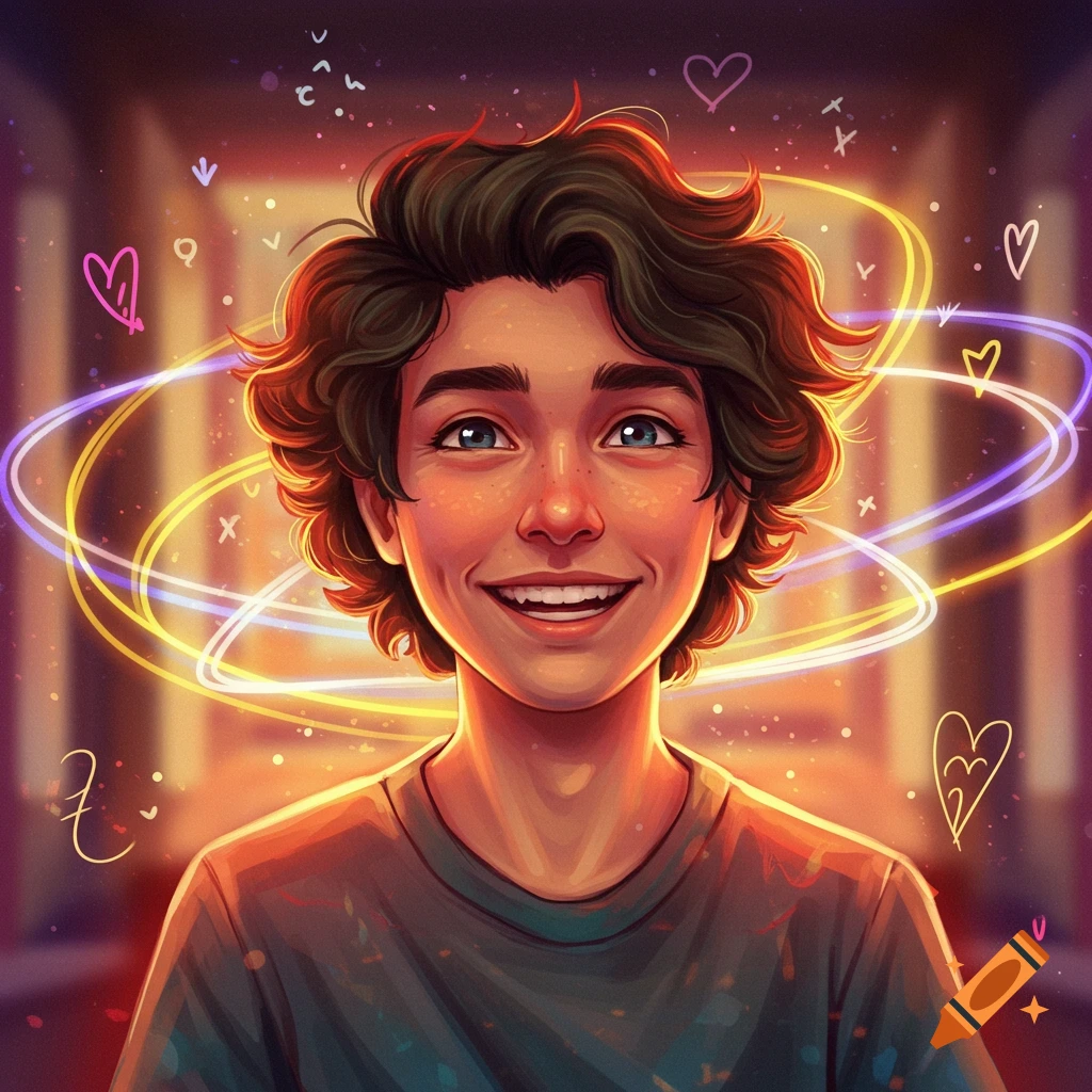 A vibrant, stylized digital portrait of a smiling person with curly brown hair and blue eyes, surrounded by glowing lines and hearts.