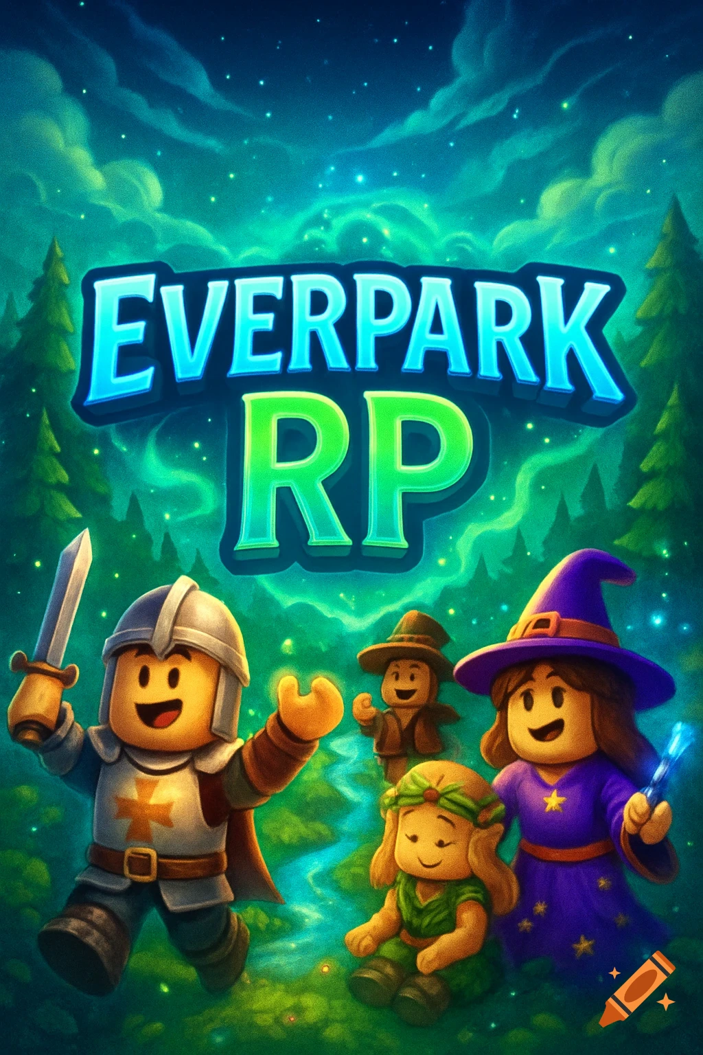 Cartoon Roblox-style characters, including a knight and witch, in a vibrant fantasy forest with 'EVERPARK RP' text.