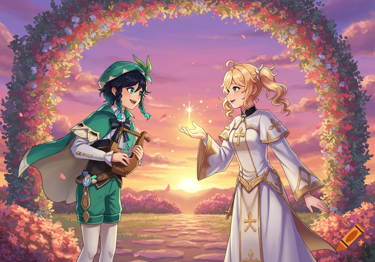 Venti playing a lyre and Barbara casting a spell under a floral archway at sunset, anime style.