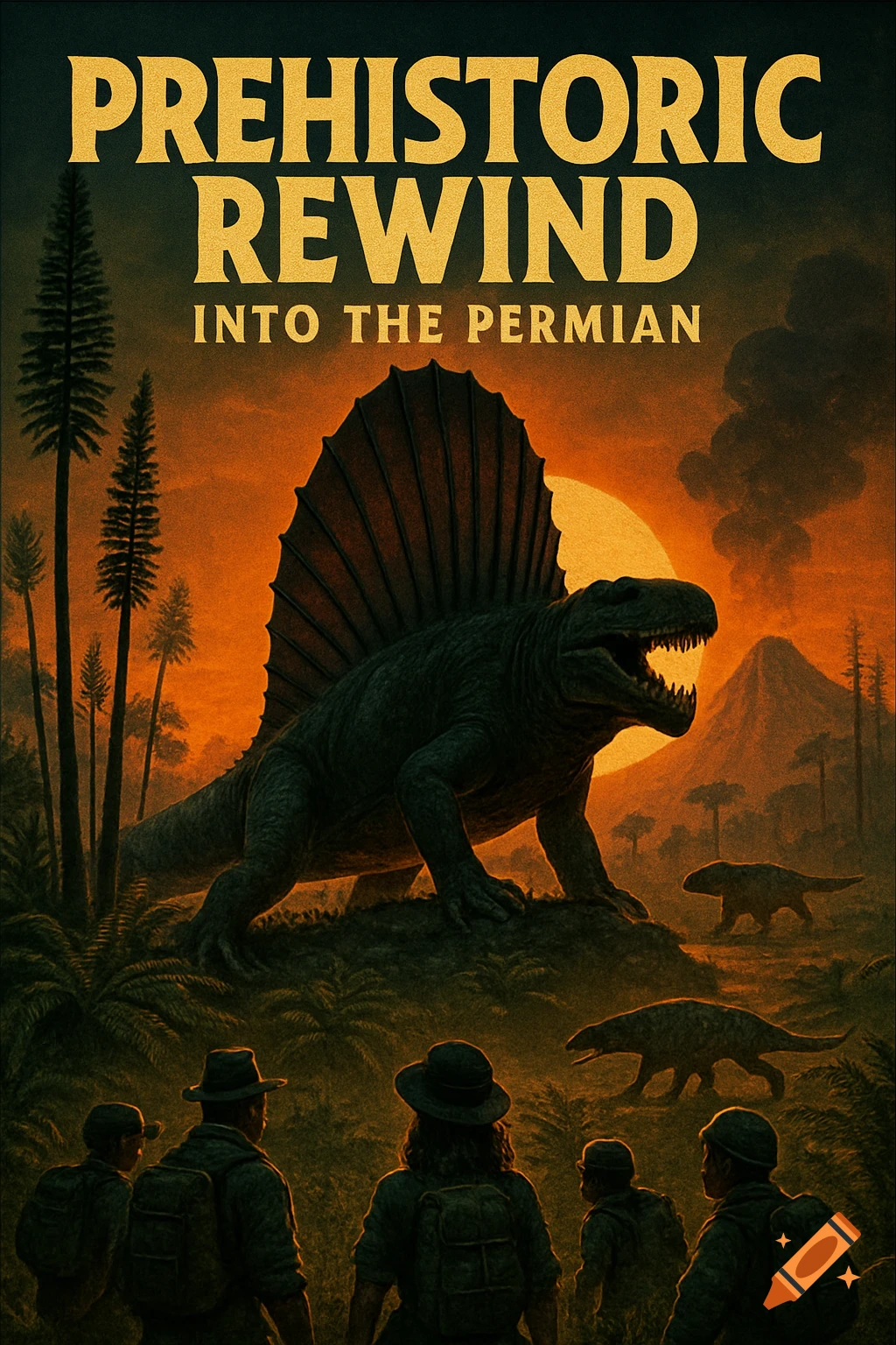 Retro movie poster for 'Prehistoric Rewind Into the Permian' featuring a large Dimetrodon, smaller creatures, volcanoes at sunset, and explorers.