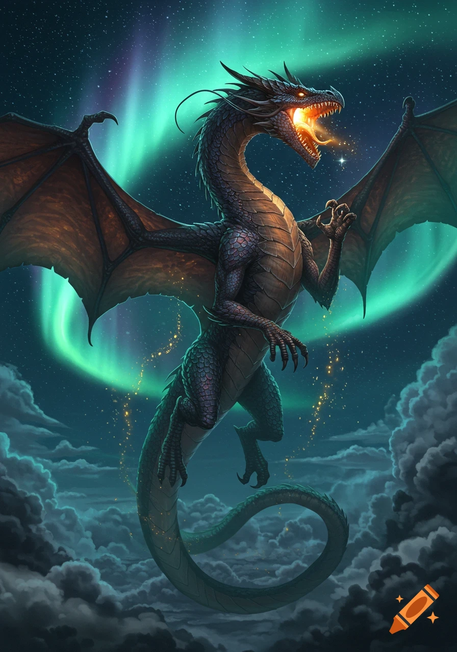 A majestic black dragon breathing glowing fire, flying through a starry night sky with vibrant green aurora borealis and clouds.