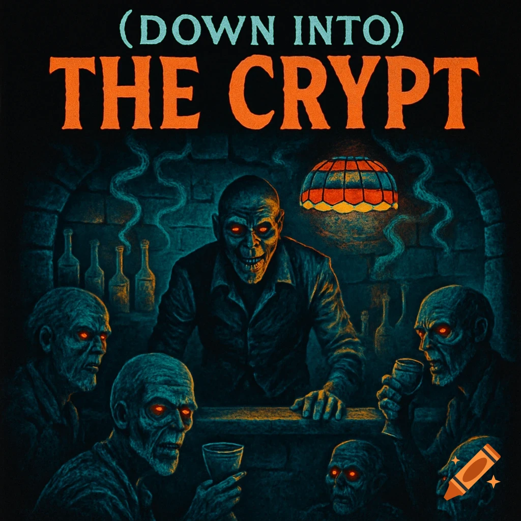A dark illustration of a zombie bar with patrons and a bartender with glowing red eyes, featuring the title 'DOWN INTO THE CRYPT'.
