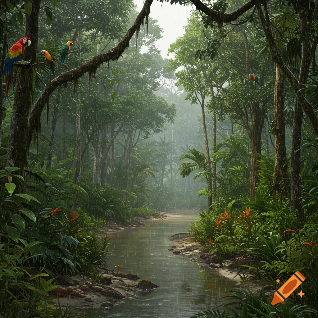 Photorealistic image of a lush, green Amazon rainforest with a river flowing through, colorful parrots on branches, and rain falling.